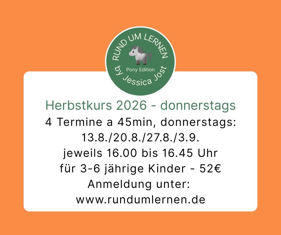 Reitpädagogikkurs für Kinder  3-6 Jahre
Den Ersatztermin (10.9.) gibt es, falls ich z.B. auf Grund gefährlicher Wettervorhersagen absagen muss. Es können maximal 4 Kinder teilnehmen. 