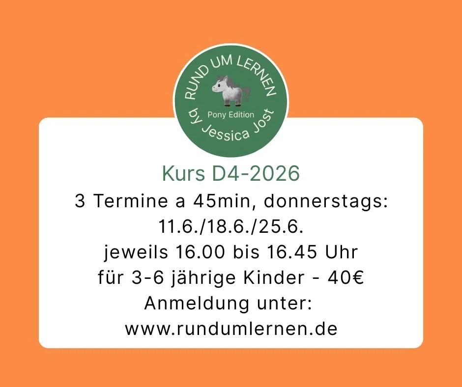 Reitpädagogikkurs für Kinder  3-6 Jahre
Den Ersatztermin gibt es, falls ich z.B. auf Grund gefährlicher Wettervorhersagen absagen muss. Es können maximal 4 Kinder teilnehmen.