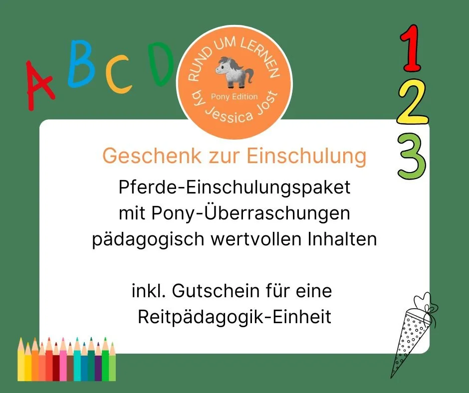 nur auf Vorbestellung bis 25. Juli 2026; Preis: 49,.€; enthält ein Set an Übungsmaterialien zu Zahlen / Buchstaben mit Thema Pferd und Ausmalbilder. Außerdem nützliches für den Schulstart in Ponyoptik wie Bleistift, Magnetlesezeichen, Block etc.
