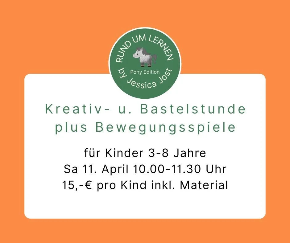 für Kinder 3-8 Jahre (3-4 jährige nur in Begleitung eines Erwachsenen)
Kreativ - draußen- Bewegung
Sa 11. April 10.00-11.30 Uhr
15,-€ pro Kind inkl. Material