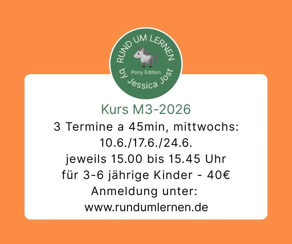 Reitpädagogikkurs für Kinder  3-6 Jahre
Den Ersatztermin gibt es, falls ich z.B. auf Grund gefährlicher Wettervorhersagen absagen muss. Es können maximal 4 Kinder teilnehmen.
