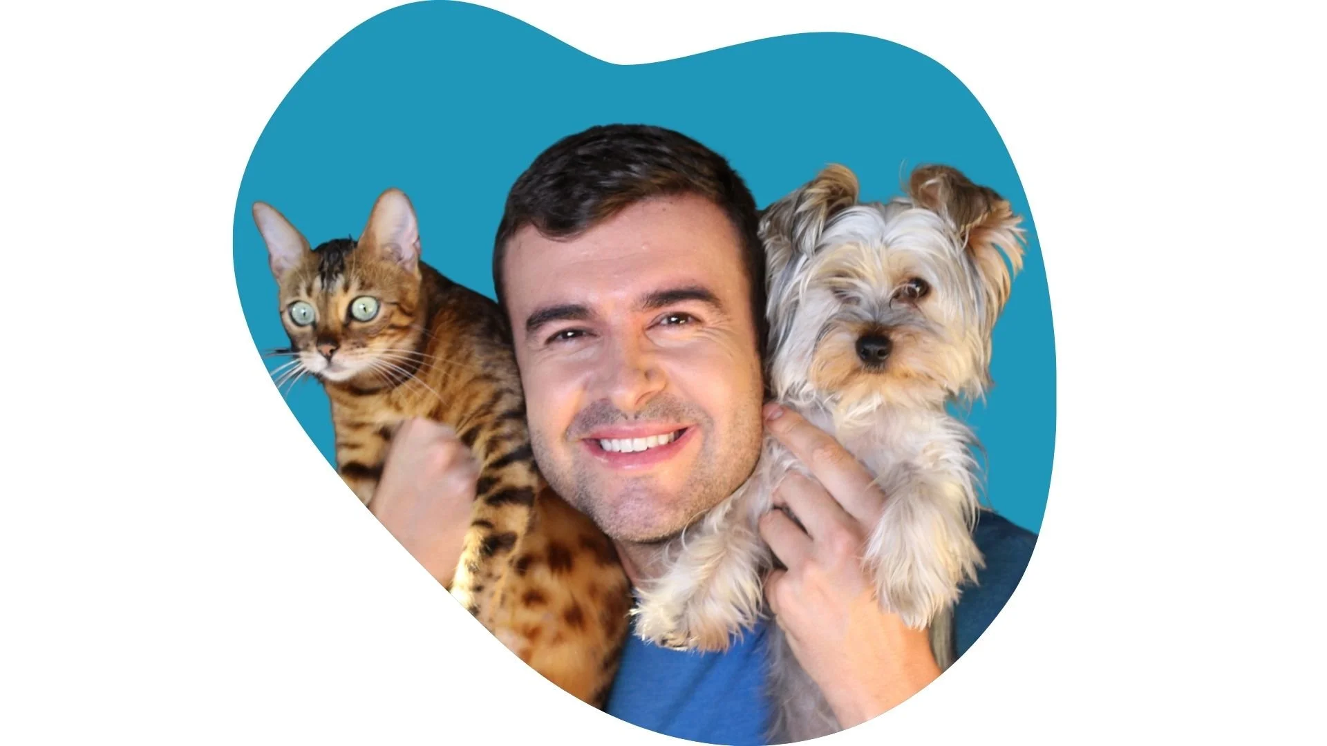 man holding yorkie dog and bengal cat