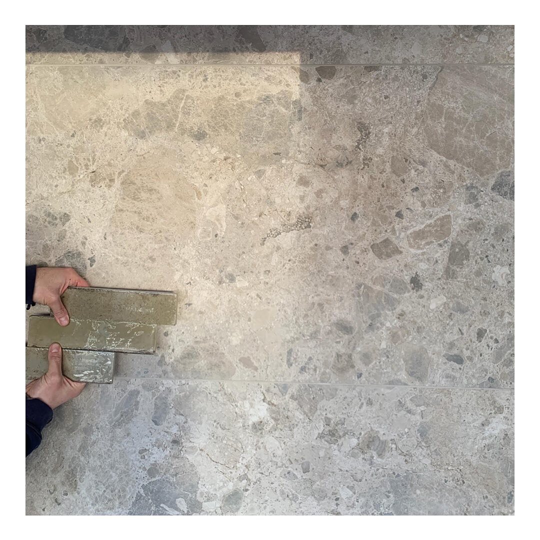 Tile selection for a recent bathroom renovation project. Gorgeous Italian subway tiles and large format stone effect flooring.