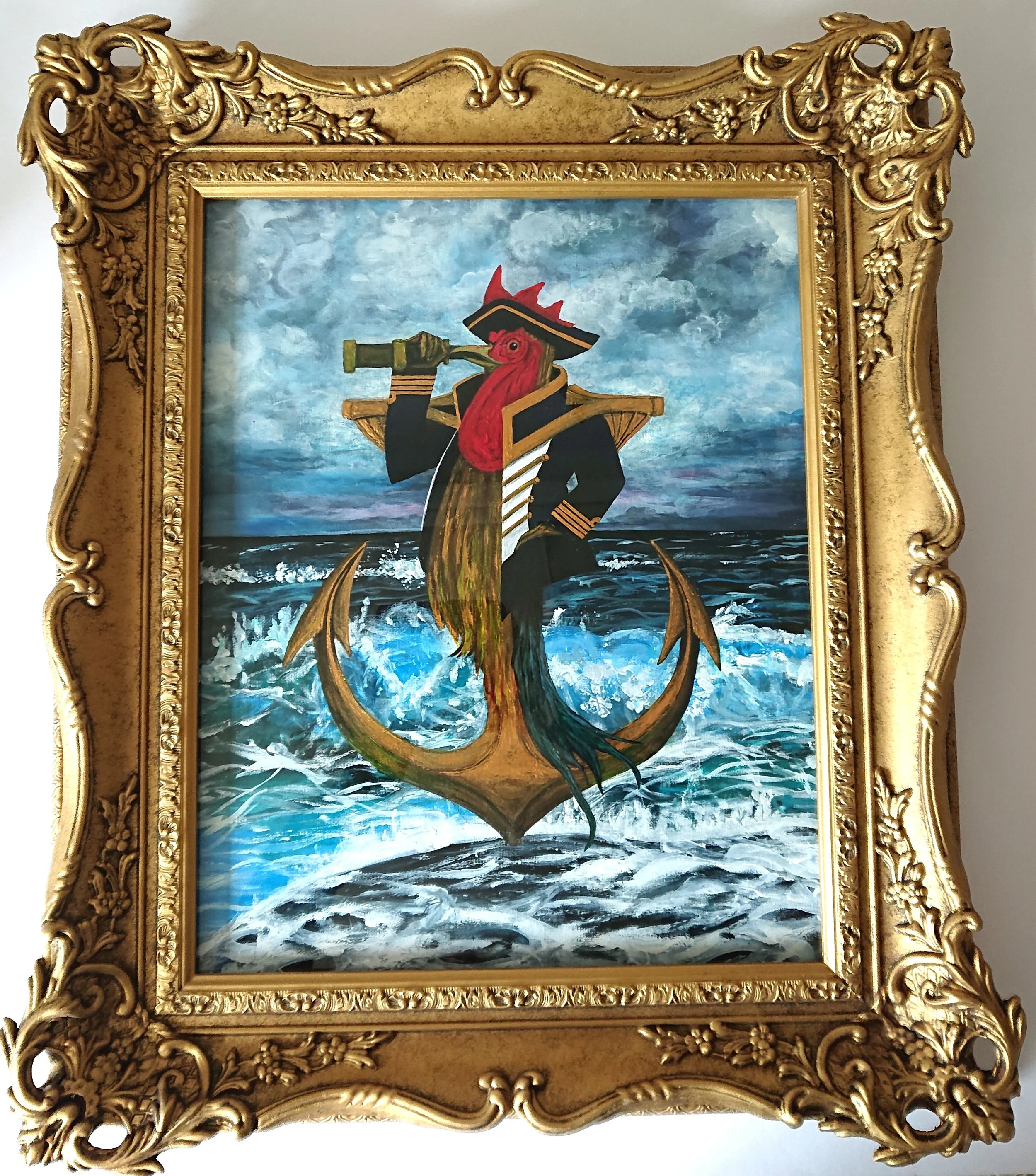 Painting of a rooster dressed as Napoleon, holding a telescope, with turbulent ocean background, surrounded by an ornate gold frame.