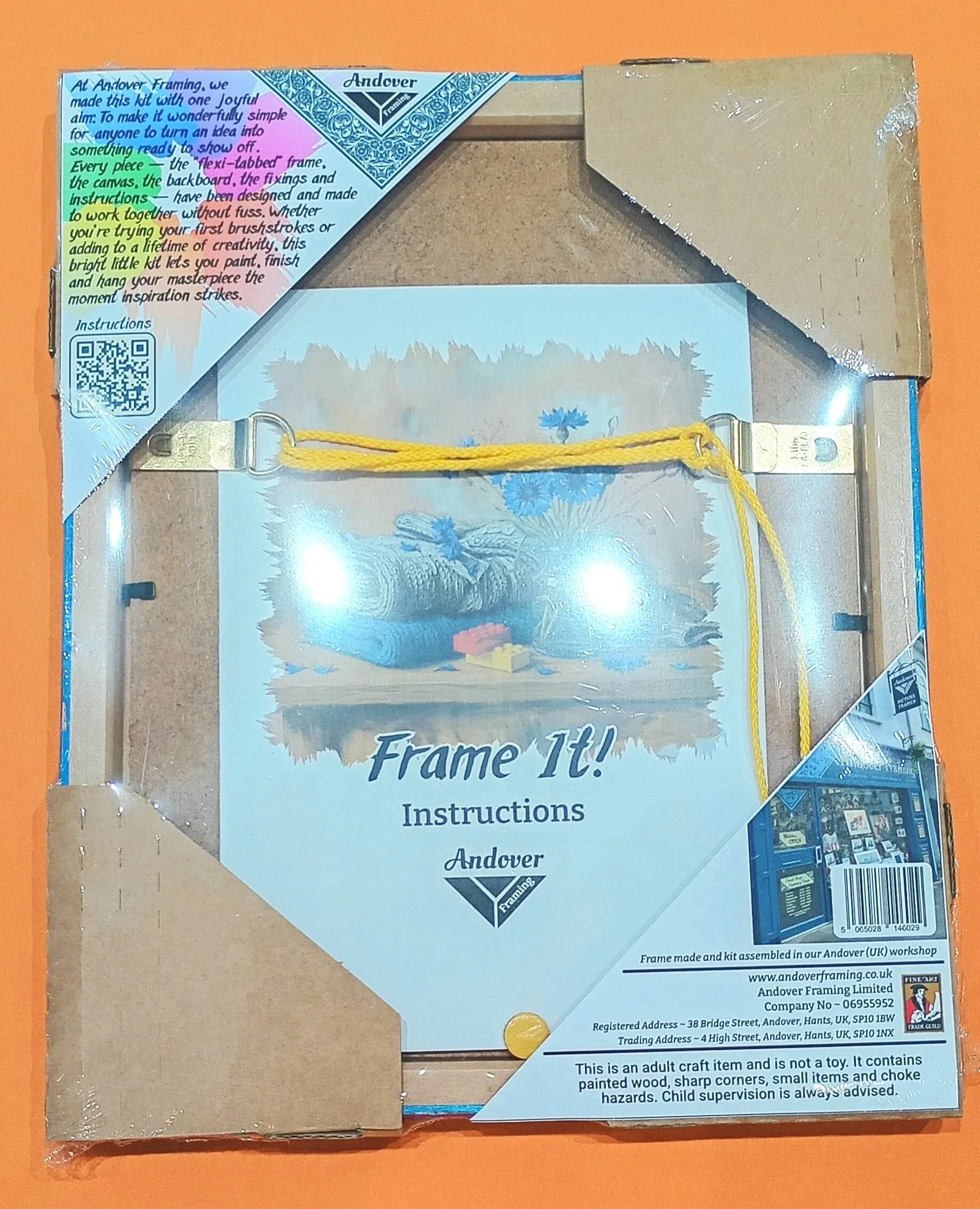 Packaging for an adult craft kit that includes a ready-to-assemble picture frame with a yellow string attached, a printed instruction sheet, and a cardboard backing. The instruction sheet has a colorful design with text about the kit's purpose and instructions, and features a QR code and logos for Andover Framing.