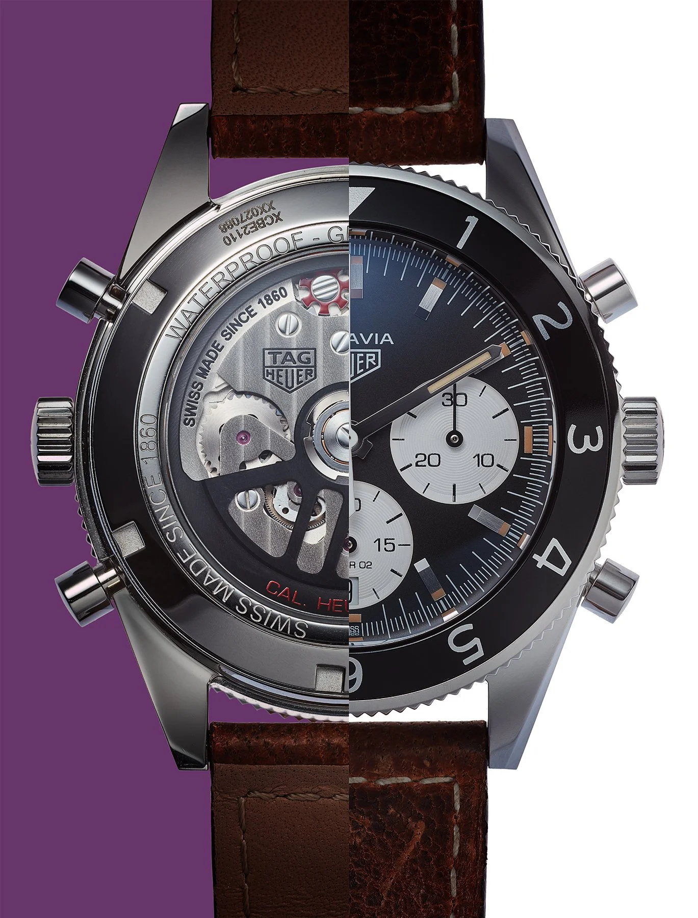 Split image of two wristwatches: the left side shows the back of a TAG Heuer watch with visible movement and purple background, while the right side shows the front of a TAG Heuer Carrera watch with a black dial, chronograph, and brown leather strap.
