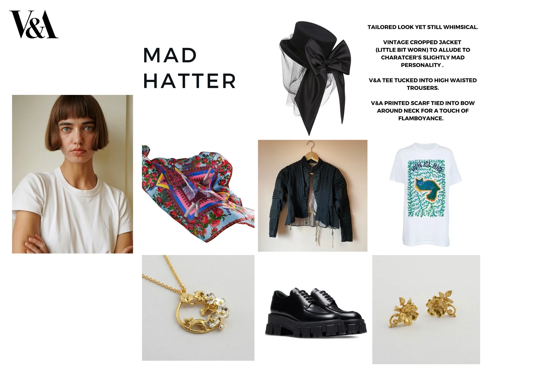Collage of fashion items including a portrait of a woman in a white T-shirt, a colorful scarf, a black cropped jacket on a hanger, a graphic T-shirt, a black hat with a bow, gold floral necklace and earrings, and black platform shoes. Text: 'V&A Mad 