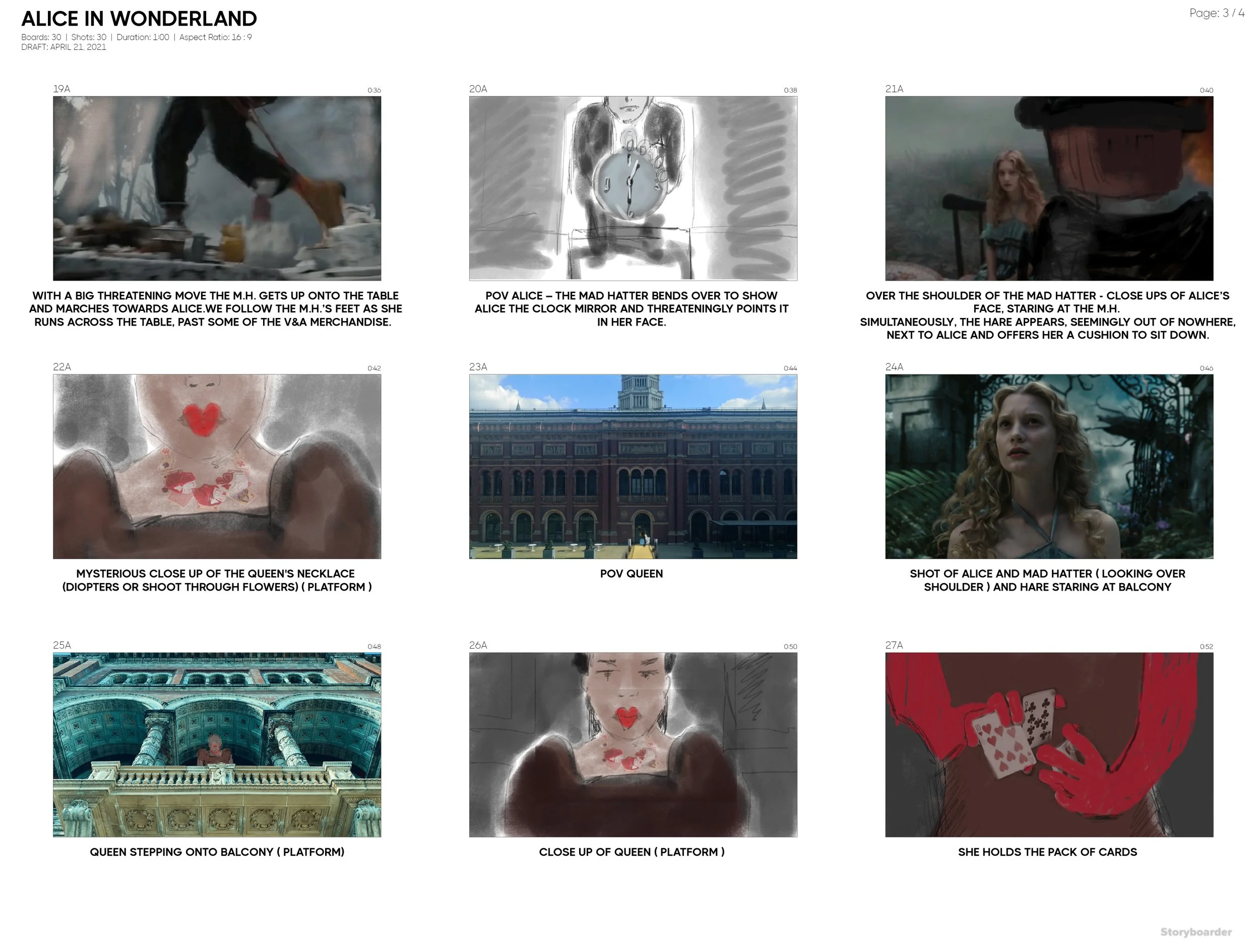 Storyboard from "Alice in Wonderland" showing scenes featuring Alice, the Mad Hatter, Queen, and hare. Includes a close-up of a necklace, a building, and a person holding playing cards.