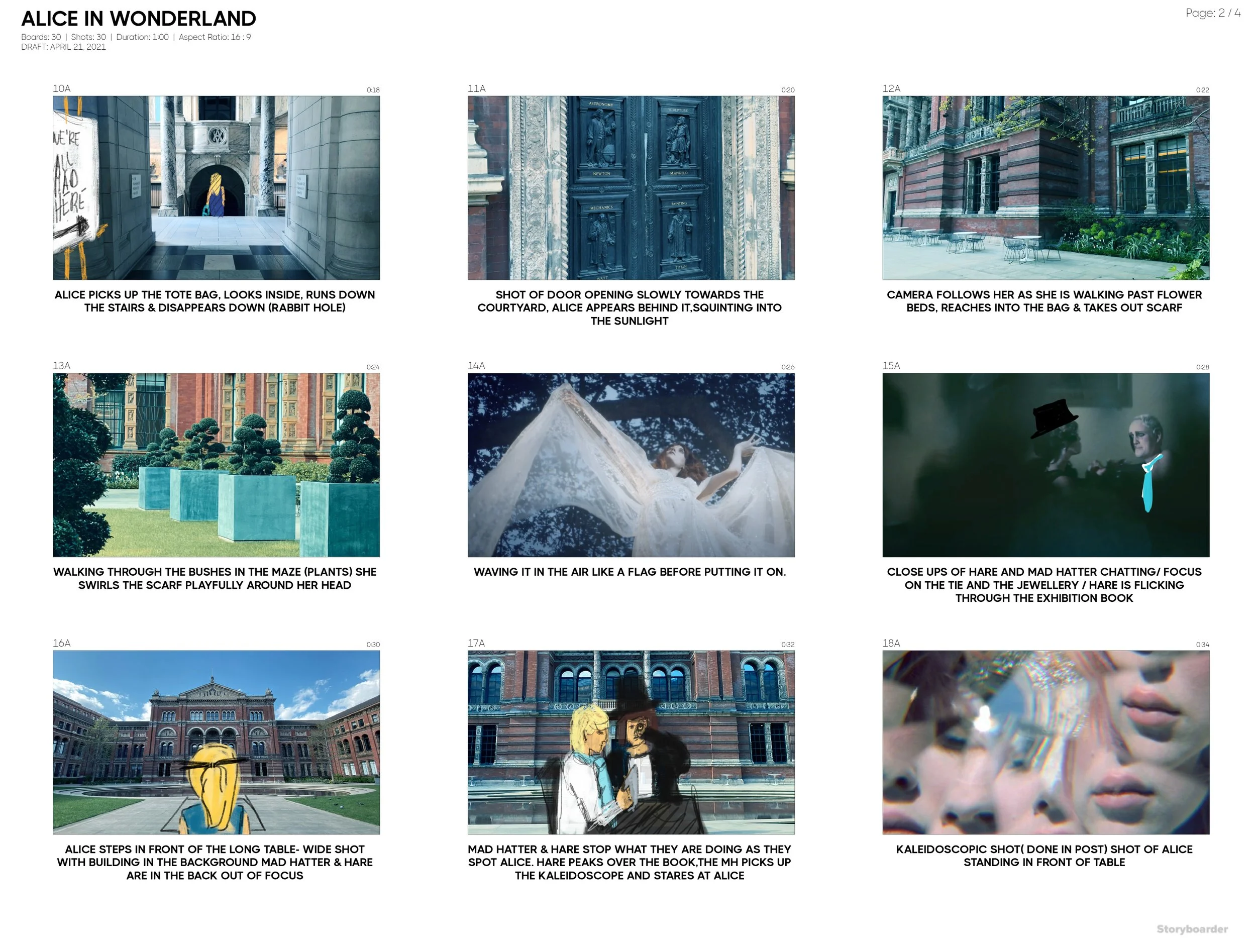 Storyboard panels for "Alice in Wonderland" depicting scenes with Alice, Mad Hatter, and Hare. Alice moves through a courtyard, a maze, and waves a scarf. Other panels show Mad Hatter and Hare noticing Alice, with close-ups and kaleidoscope effects.