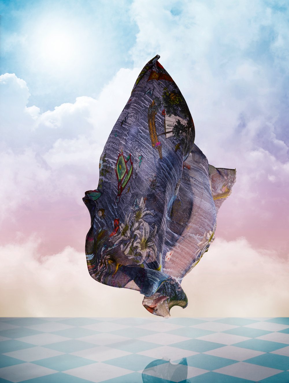 Floating patterned fabric against a sky and cloud background with a checkered floor.