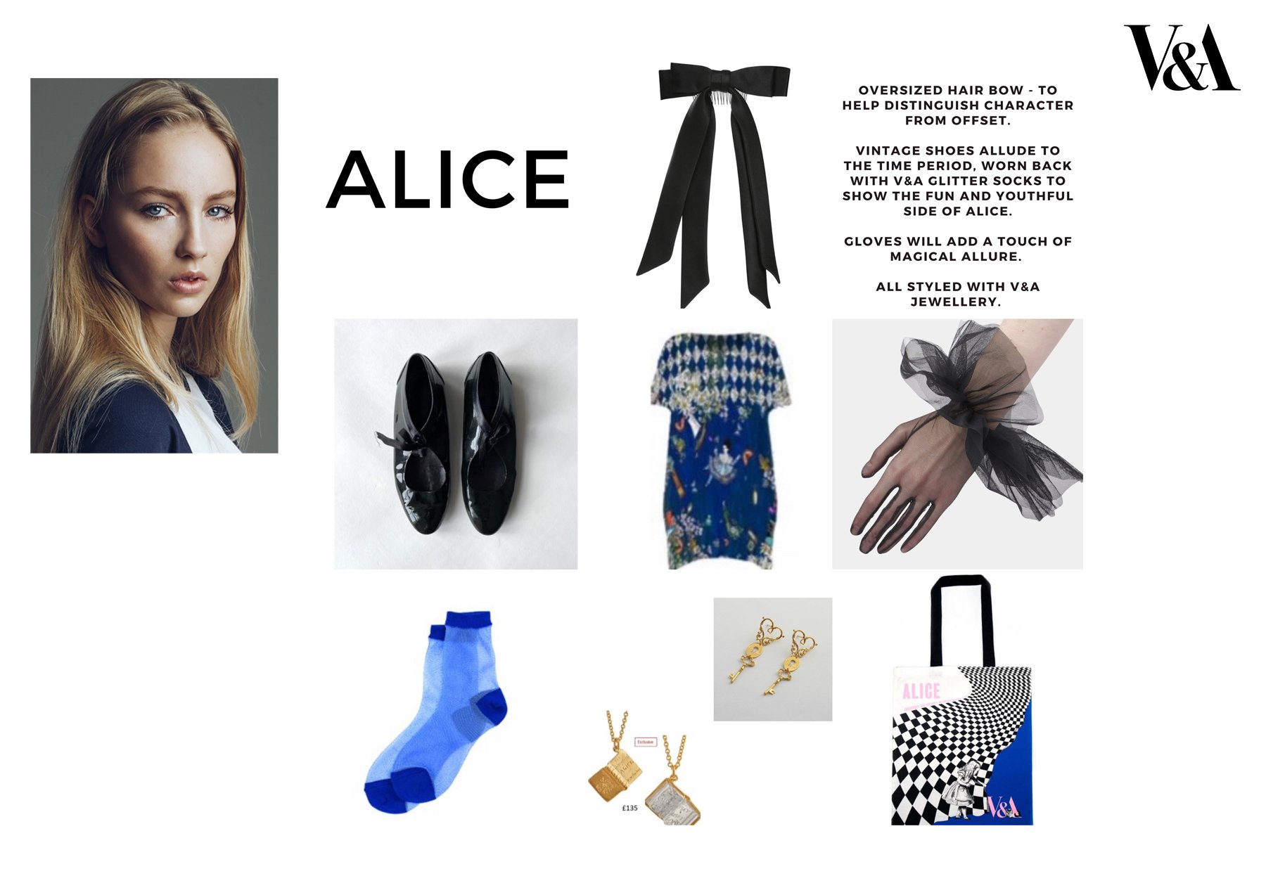 Fashion mood board featuring a model labeled 'Alice,' vintage black shoes, oversized black hair bow, floral dress, blue socks, black gloves, gold key earrings, jewelry, and a checkered tote bag with 'Alice' theme, all associated with V&A Museum.
