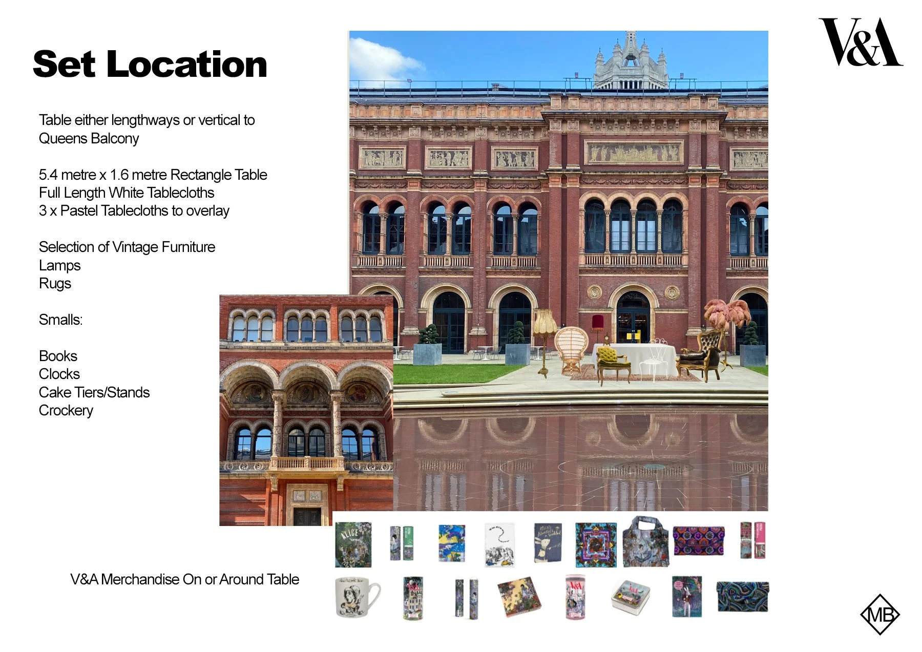 Image of a historical building façade with instructions for a set location. Includes details on arranging a table, vintage furniture, and small items like books, clocks, and crockery. Various V&A merchandise items are displayed around the table area.