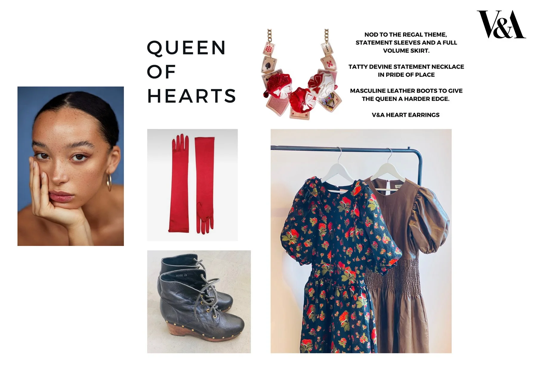 Collage featuring a model with gold hoop earrings, red gloves, black leather ankle boots, floral and brown puff-sleeve dresses, and a card-themed statement necklace. Text reads 'Queen of Hearts' with style descriptions.