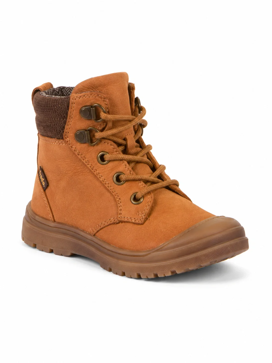 A tan leather lace-up ankle boot with a thick rubber sole and a padded dark brown collar with a pattern.