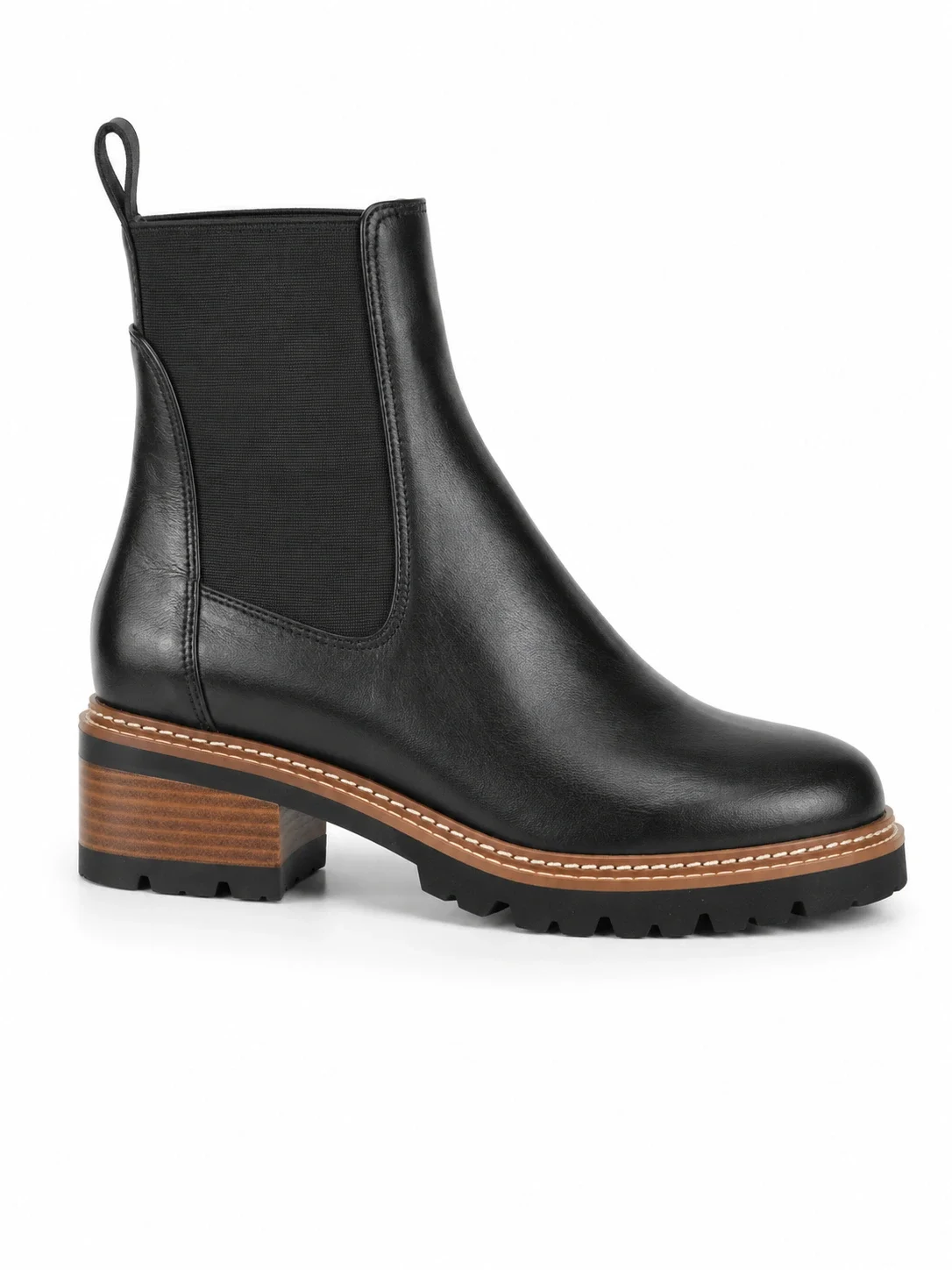EOS Linear Black Leather Chelsea Boots, featuring a distinctive wooden-look block heel and rugged sole