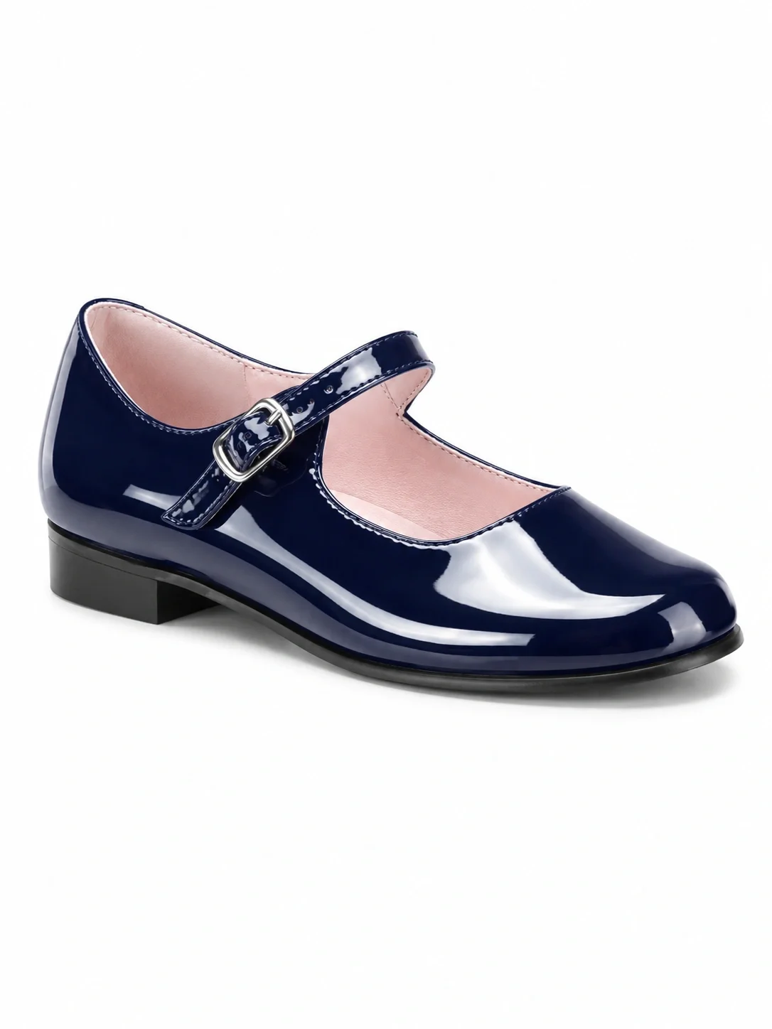 A shiny navy blue patent leather Mary Jane shoe with a strap and buckle, pink interior lining, and a low black heel.