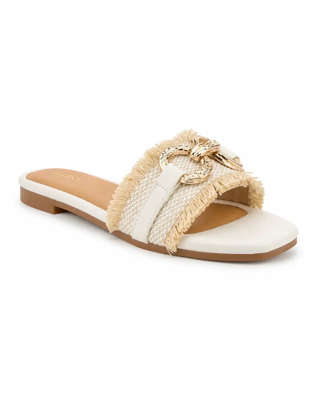 Patrizia Lamiyah Sandals, woven raffia or textile upper, rustic tonal fringes, and an oversized gold interlocking ring accent