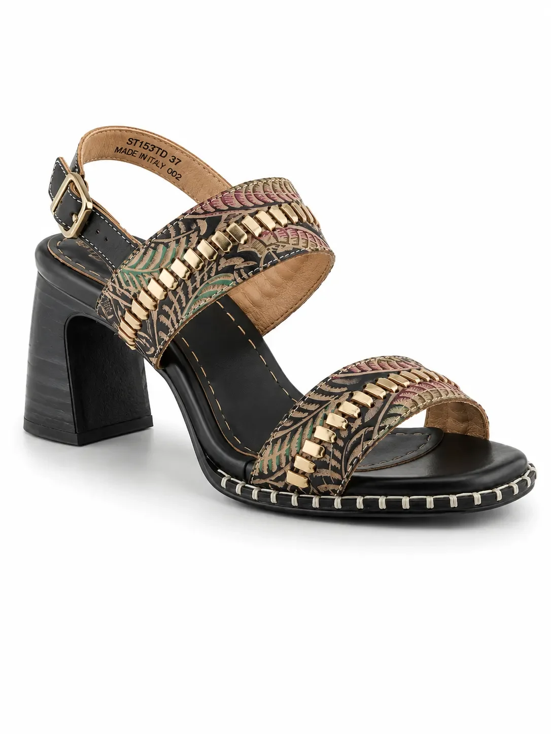 L'Artiste Starstud sandals featuring a distinct hand-painted leather upper with metallic stud accents