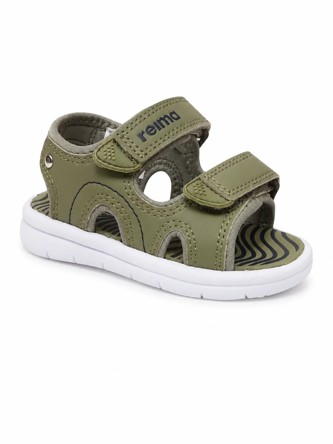 Reima Bungee walking sandals in a greyish green color featuring two adjustable velcro straps