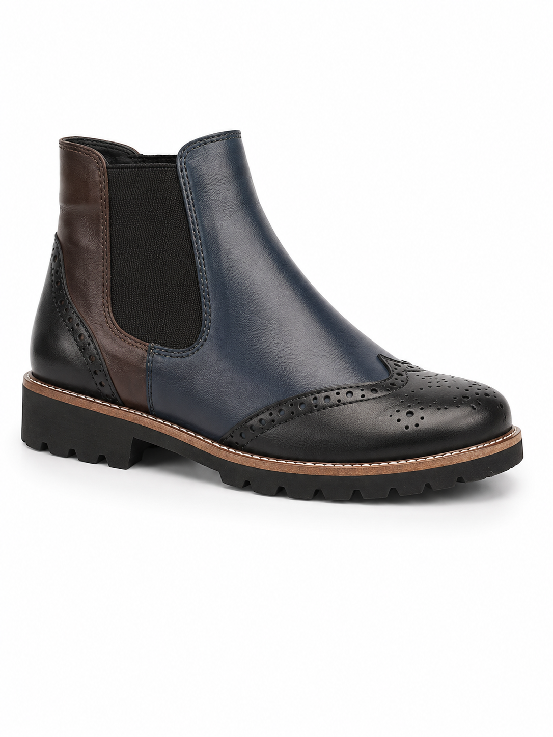 A stylish men's ankle boot with black, blue, and brown leather panels, decorative brogue perforations, and a rugged black rubber sole.