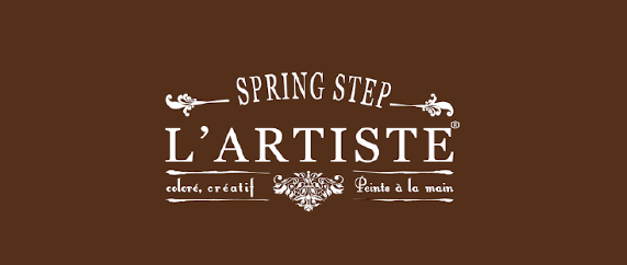 Spring Step L'Artiste logo on a brown background with decorative text and design elements
