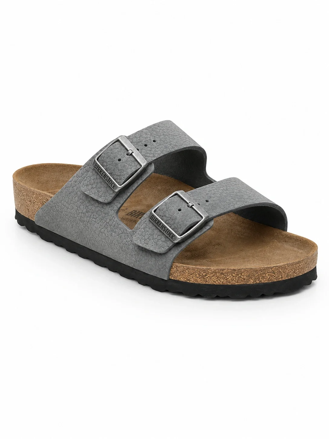 These Birkenstock Arizona sandals feature a grey desert buck nubuck leather upper and adjustable buckle straps.