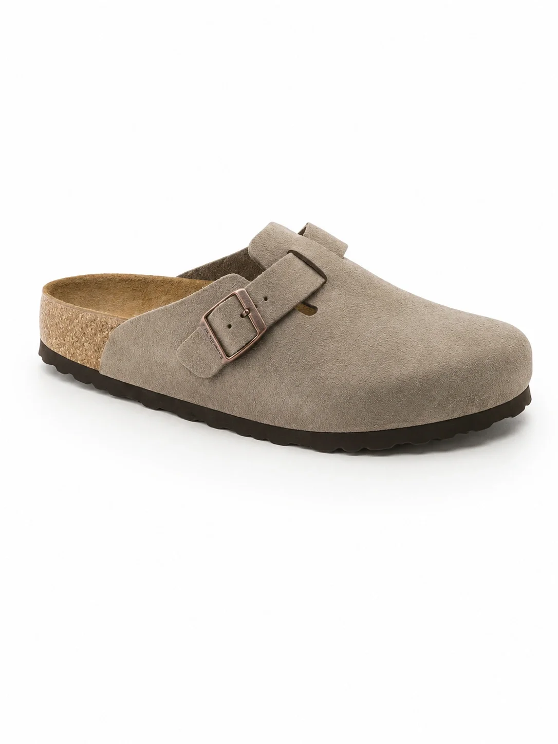 These are Birkenstock Boston Soft Footbed clogs in taupe suede leather