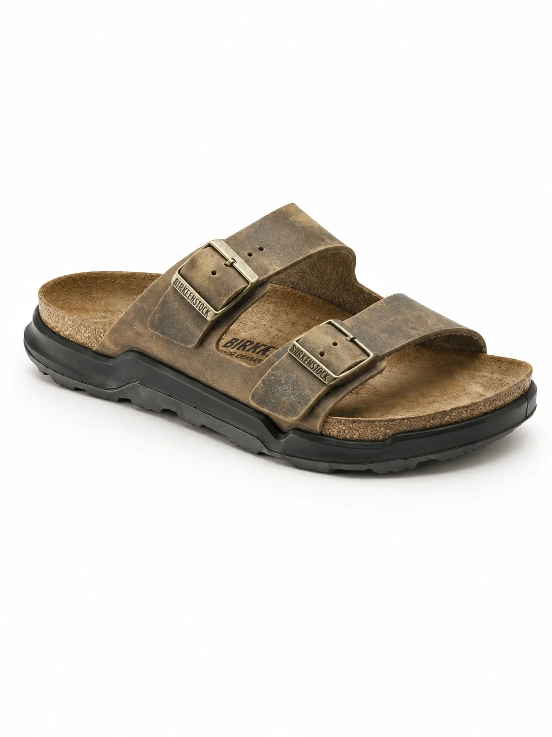 Birkenstock Arizona Men's Crosstown sandals in Faded Khaki oiled leather, featuring a rugged, black polyurethane sole.