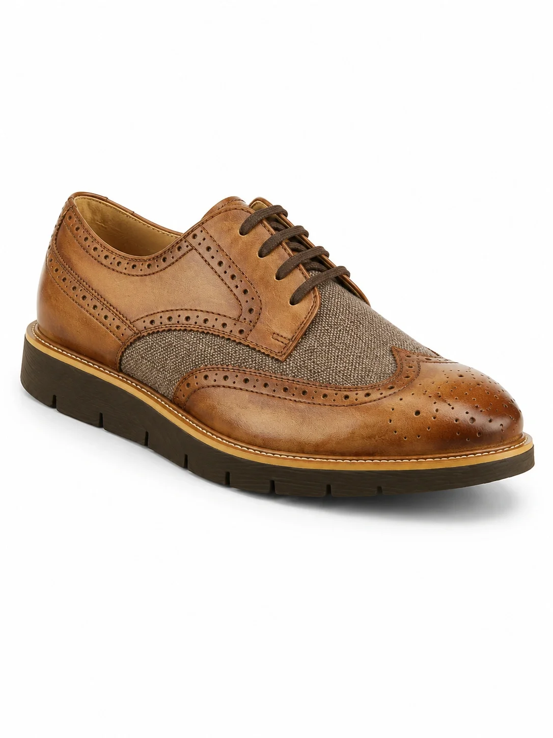L'Artiste Beaufort Oxford shoes feature a camel leather wingtip design with a textile vamp panel