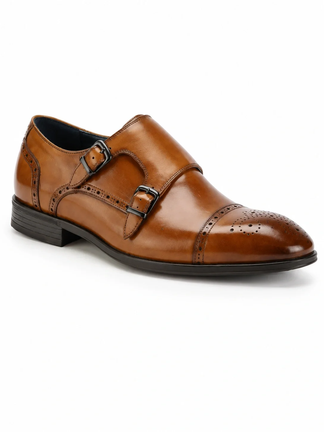 Men'S Ezra oxford shoes, featuring a distinctive cognac-colored leather finish and a stylish double monk strap closure