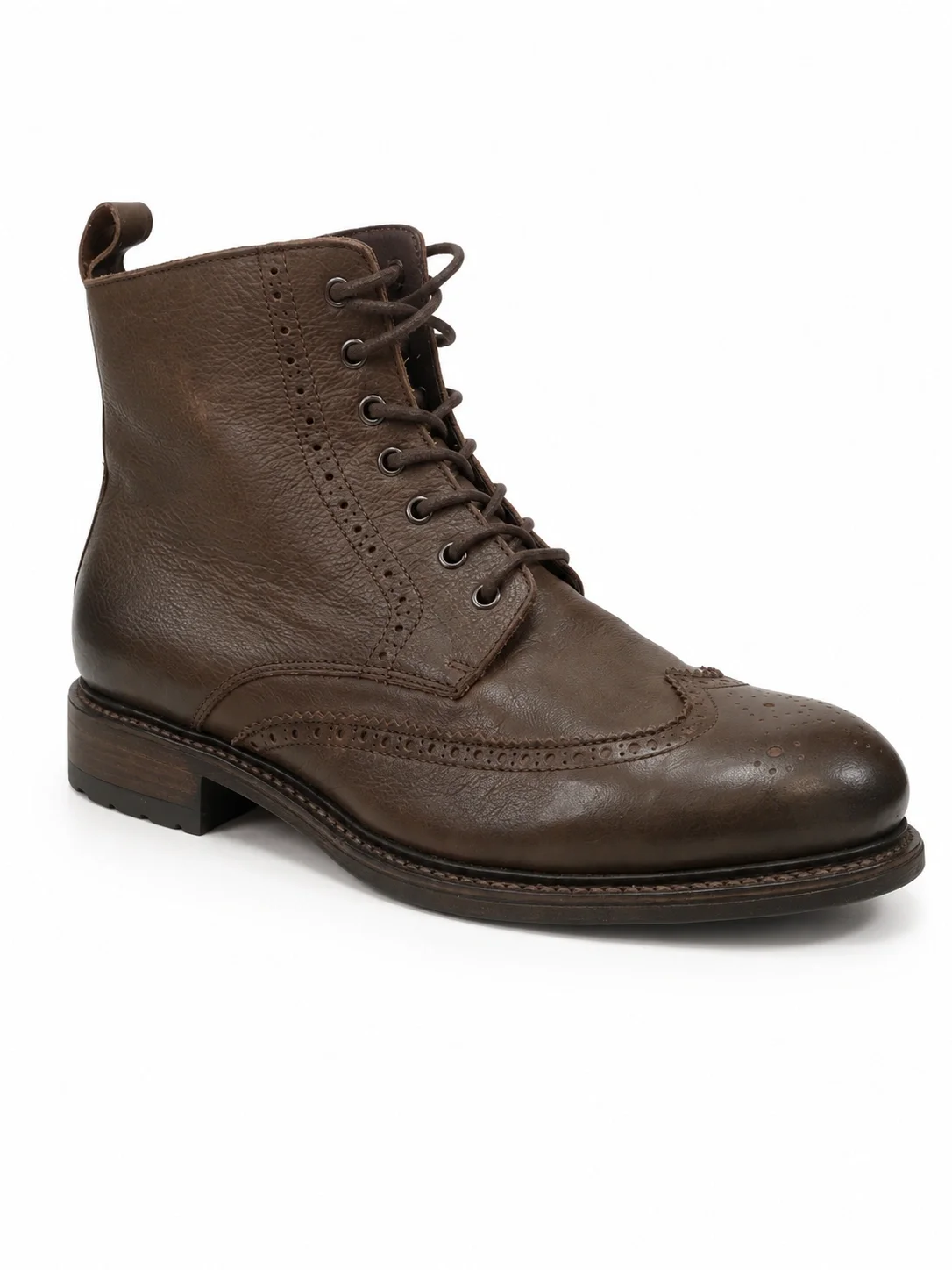 Brown leather boots resemble the Russell & Bromley Barton brogue style and feature intricate punch detailing along the seams