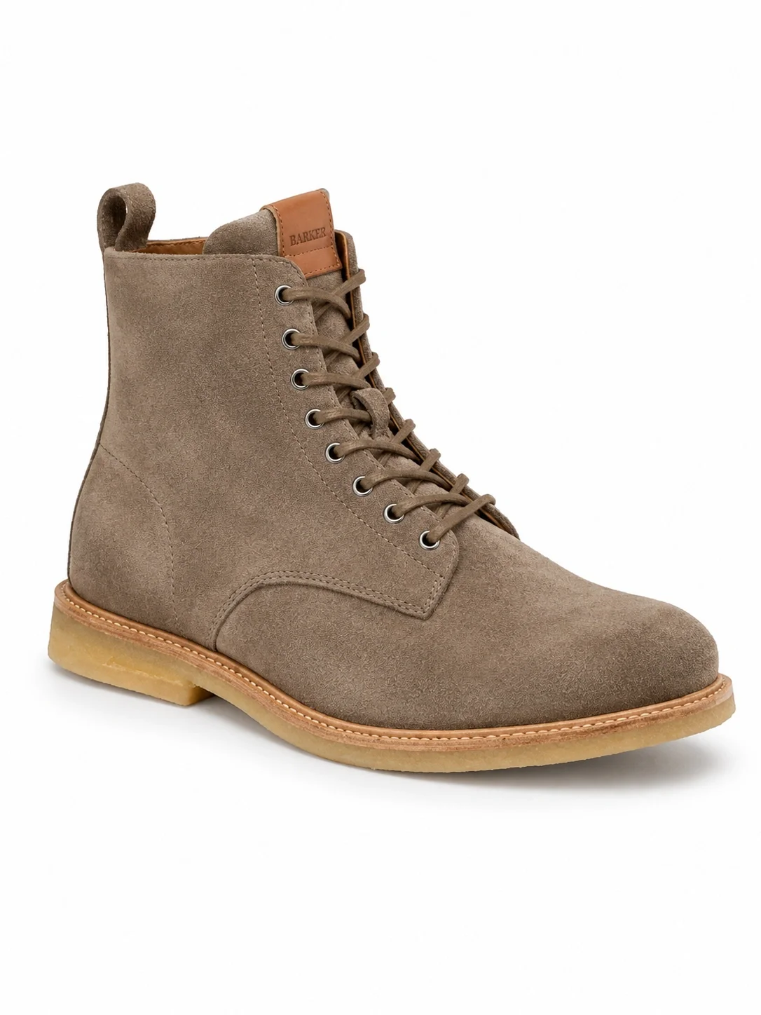 These are Blackstone QM23 Plain Toe Boots in a taupe suede colorway featuring a signature crepe rubber sole