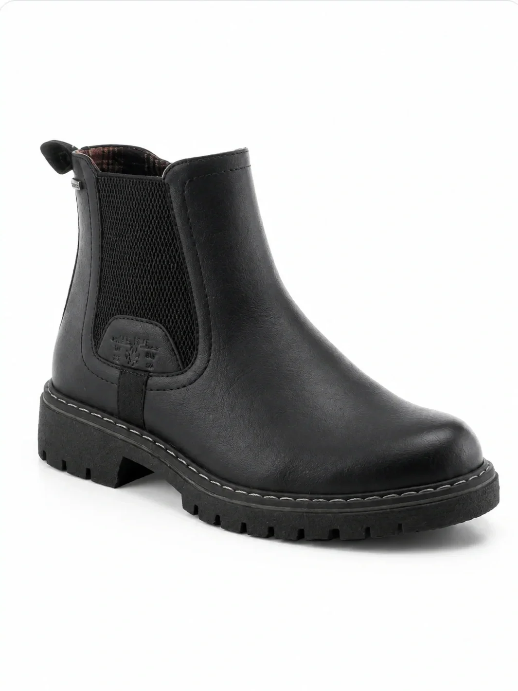 Relife Brody boots in black, featuring a lug sole and plaid lining