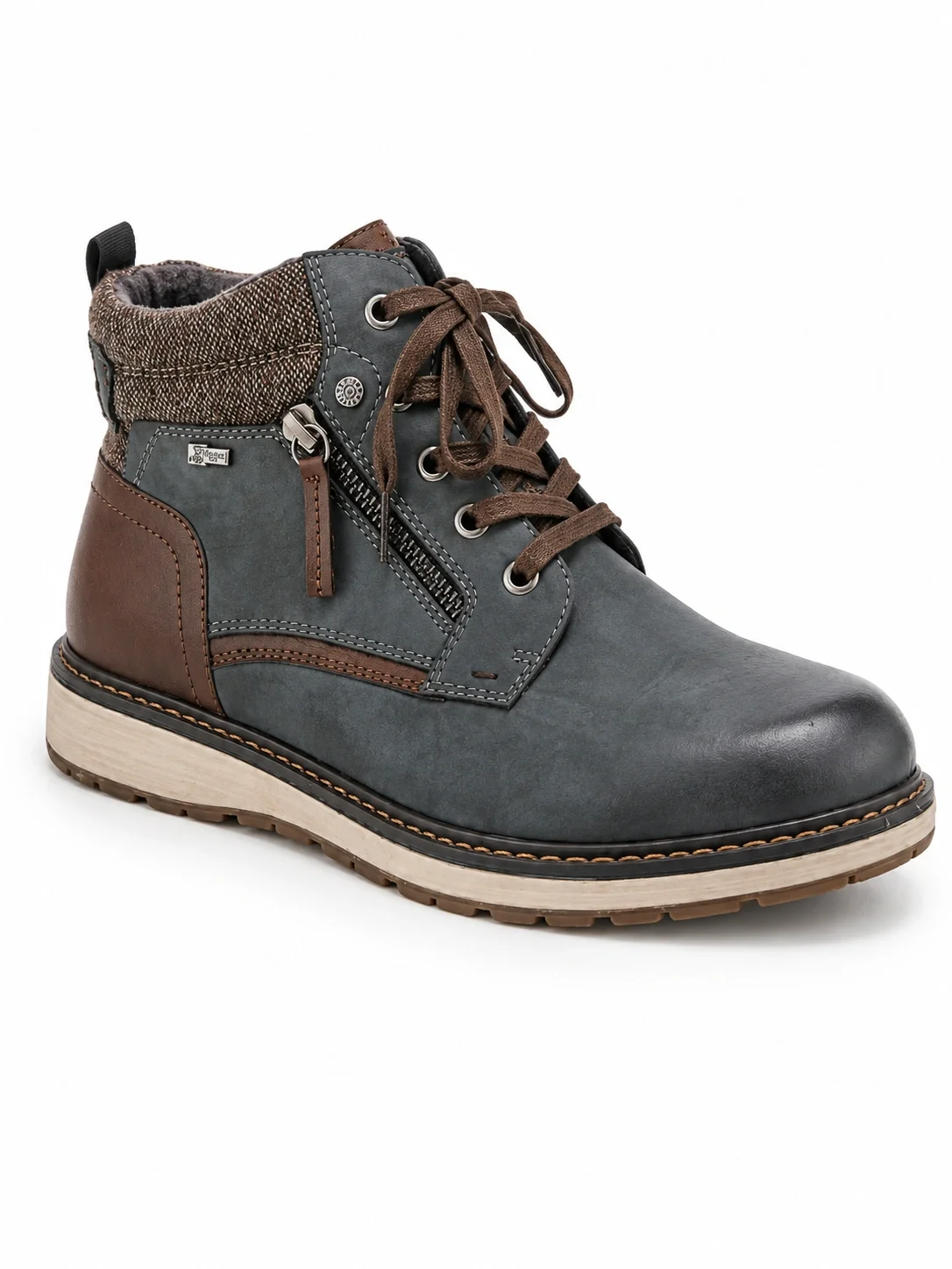 Men's Johnny Boots, featuring a distinct two-tone design with a blue synthetic leather upper and a brown heel accent