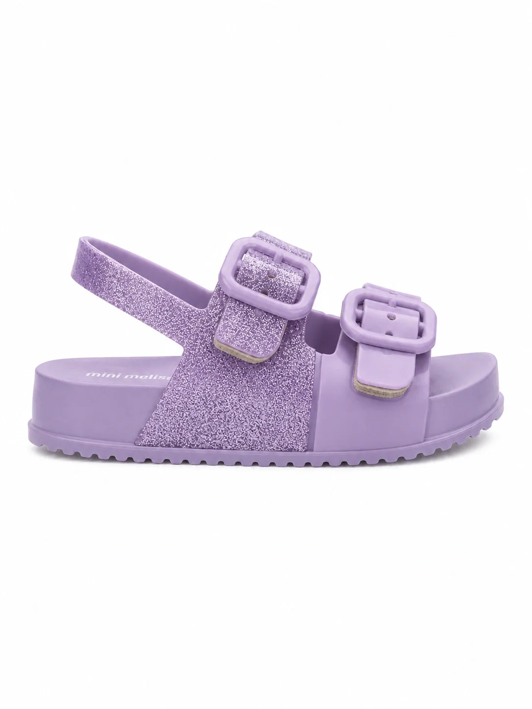 Mini Melissa Cozy Sandal in lilac glitter featuring adjustable straps