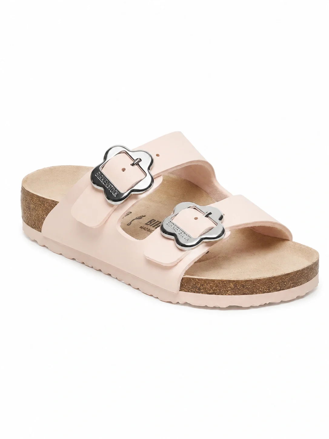 These are Birkenstock Arizona Kids sandals in a light rose color, featuring playful flower-shaped buckles.