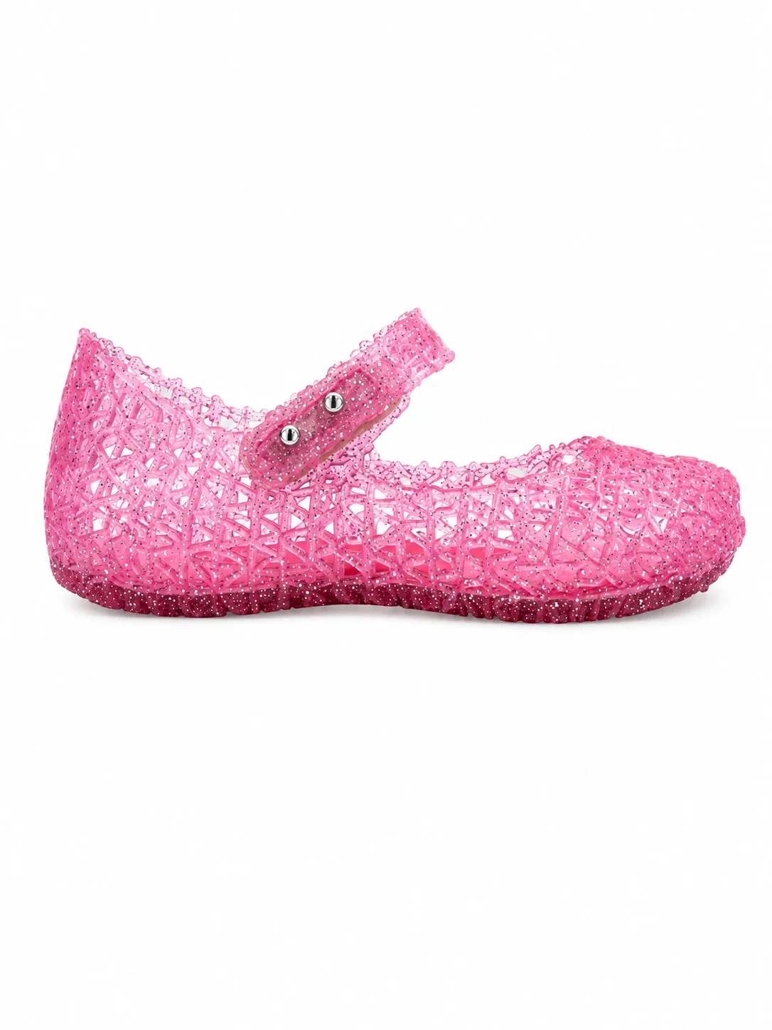 Mini Melissa Campana Papel baby flats in pink glitter, featuring a unique textured web design.webp