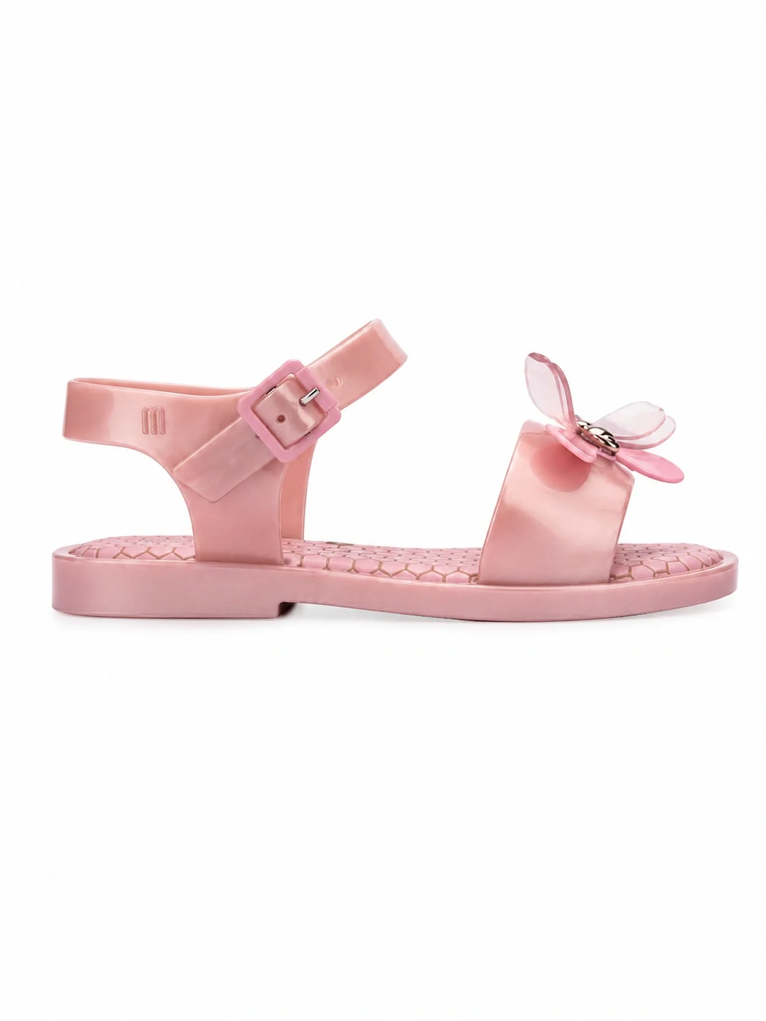 Mini Melissa sandals feature a translucent butterfly decoration on the strap.webp