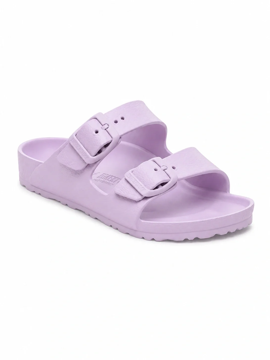 Lilac Birkenstock Arizona EVA sandals featuring tonal buckles and waterproof material
