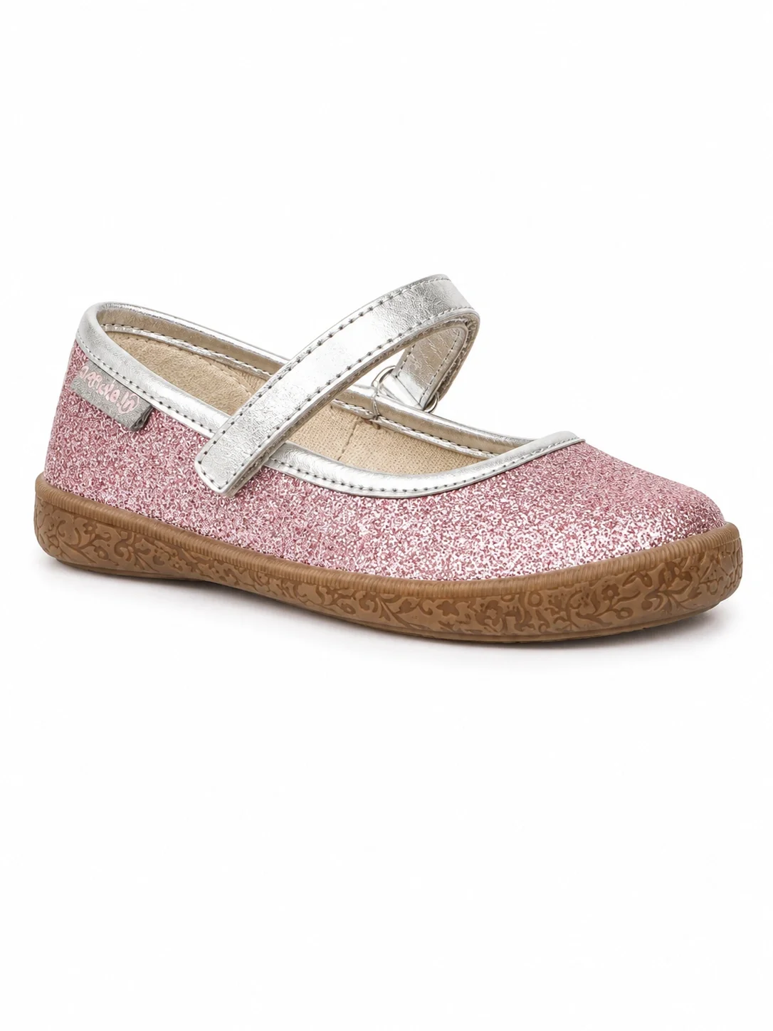 Naturino Pavia glitter flats for girls, featuring a pink glitter upper and a silver strap
