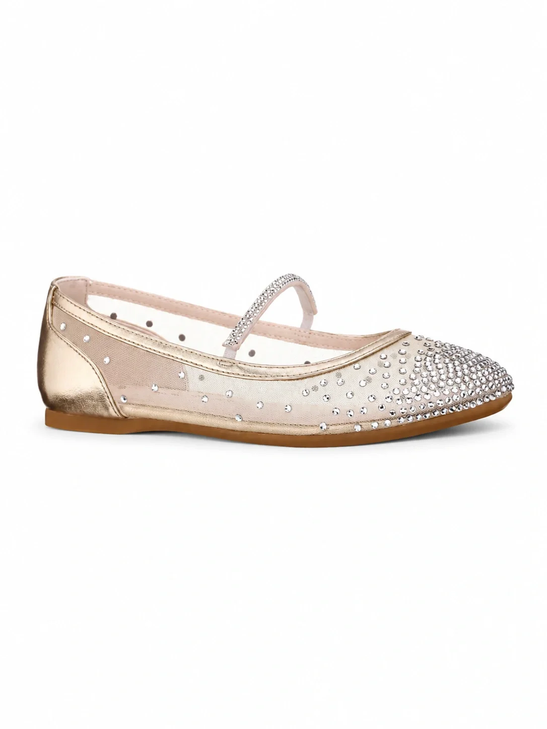 Nina Kids Kira ballet flats in light gold mesh, featuring shimmering rhinestone embellishments on the toe and strap