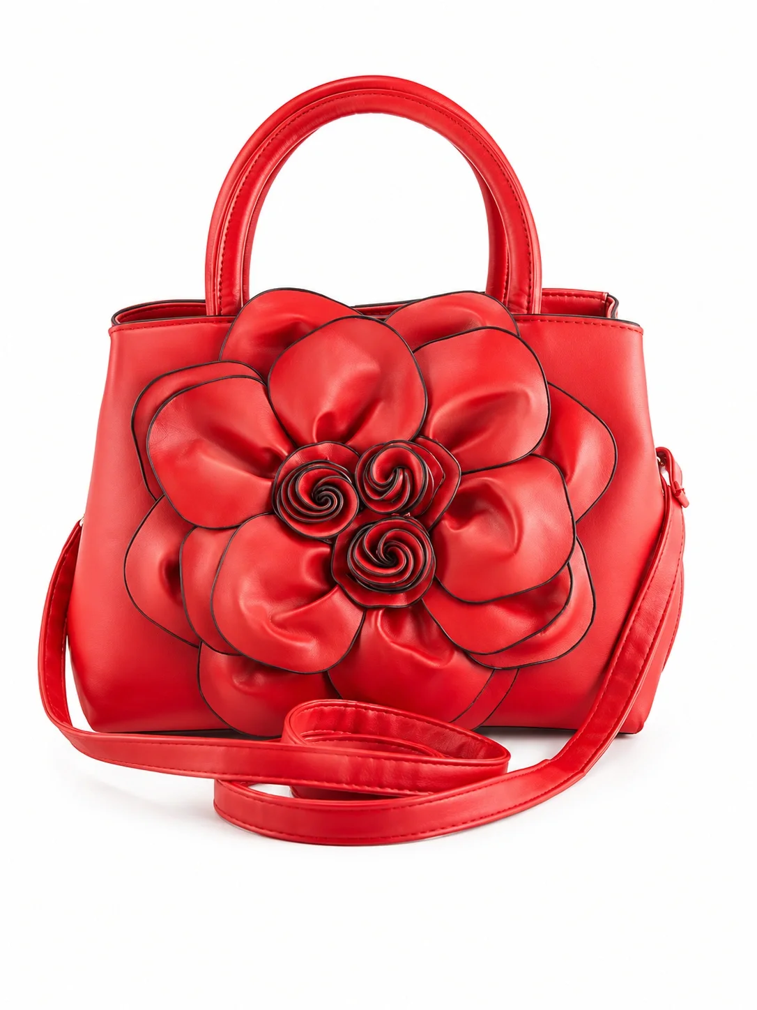 Red handbag with a large, decorative flower design on the front.