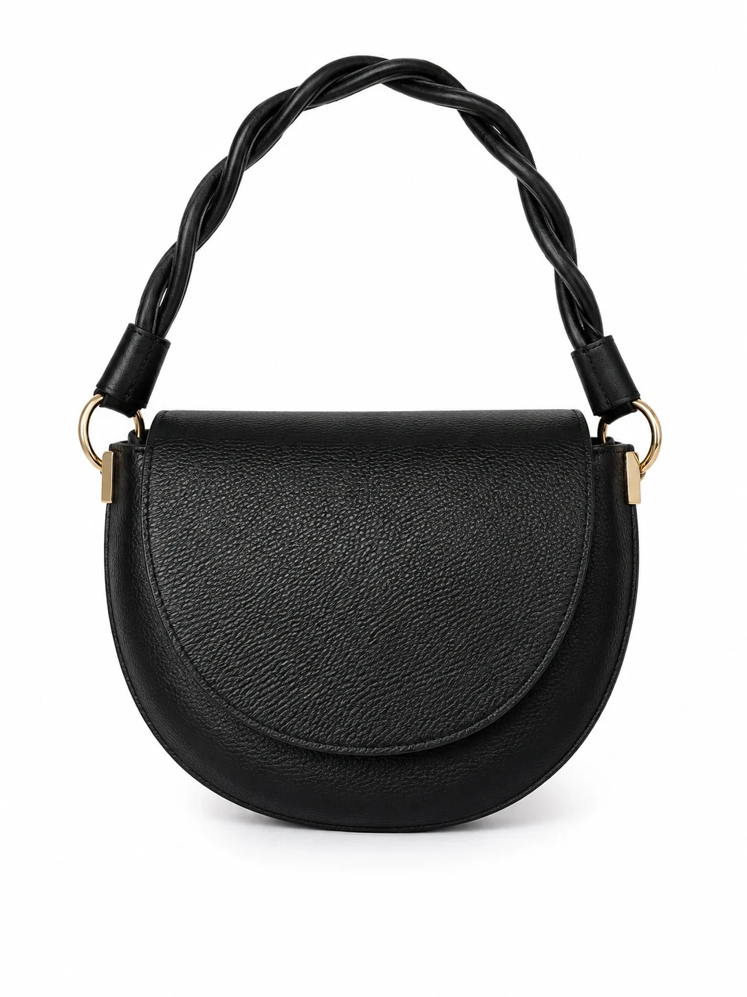 Black leather handbag with twisted handle and gold hardware