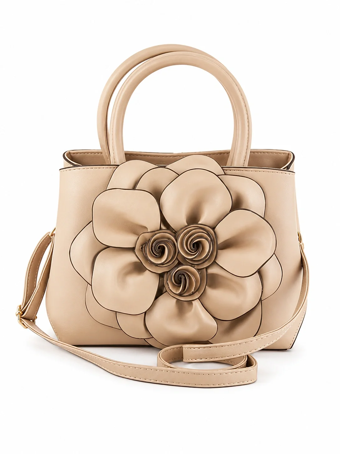 A beige handbag with large decorative flowers and roses on the front.
