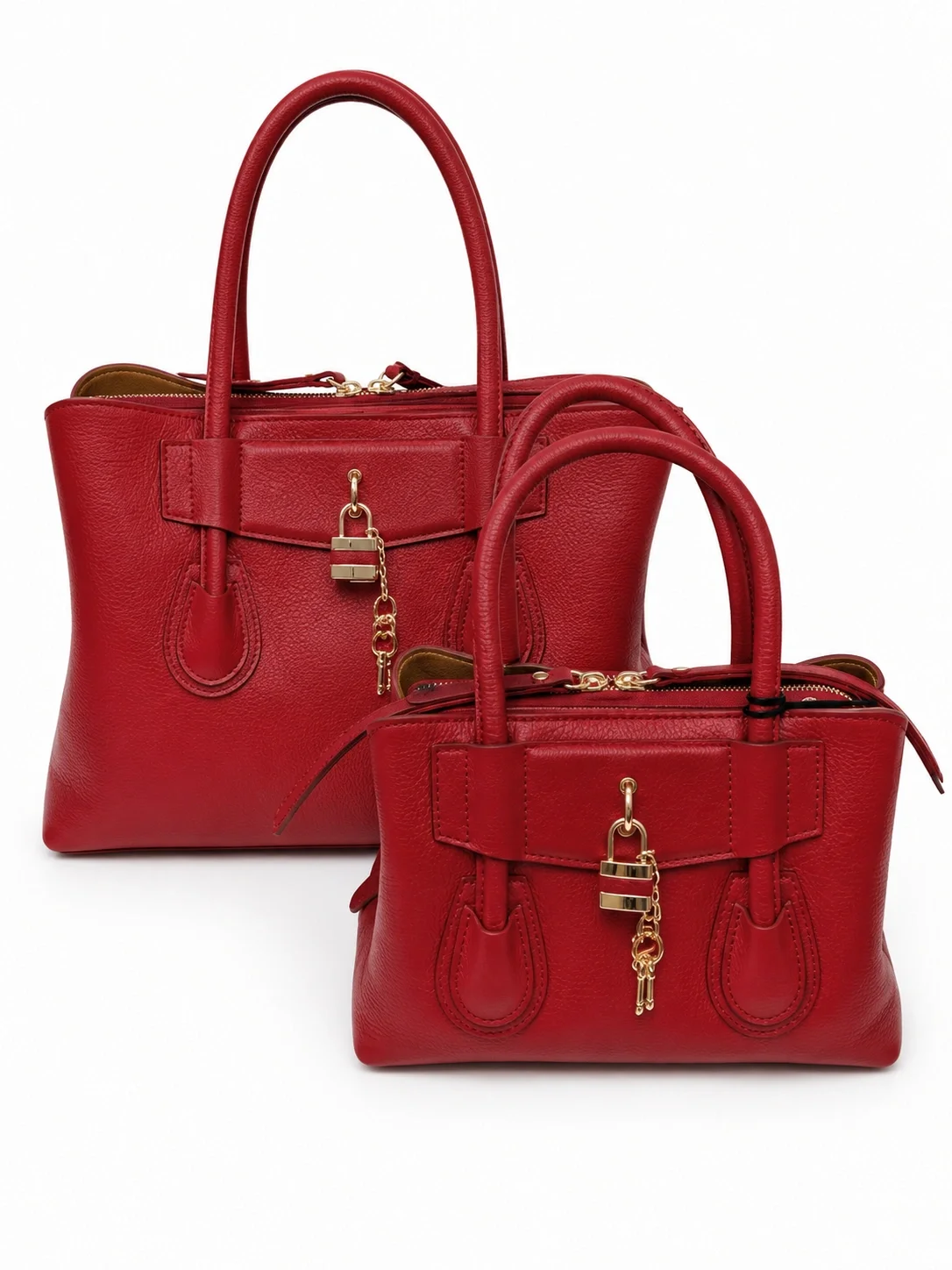 Two red leather handbags with gold chains and lock details, displayed against a white background.