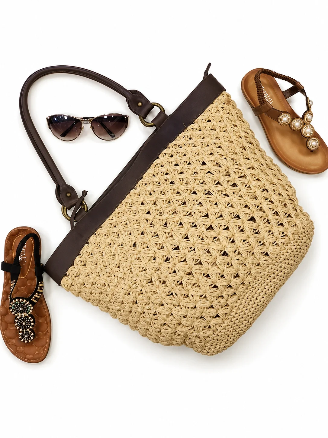 Sandals and straw beachstyle bag with sunglasses
