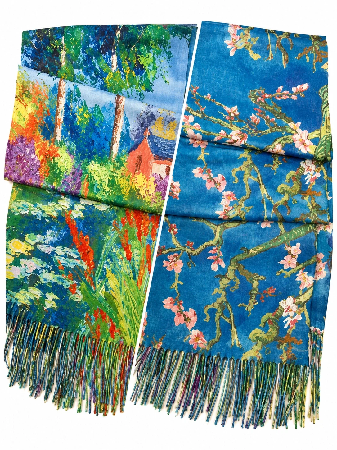 Two colorful scarves with floral and nature-inspired designs, one depicting a lush landscape with trees, fields, and a small house, and the other showing a pattern of pink flowers and twisting branches on a blue background.