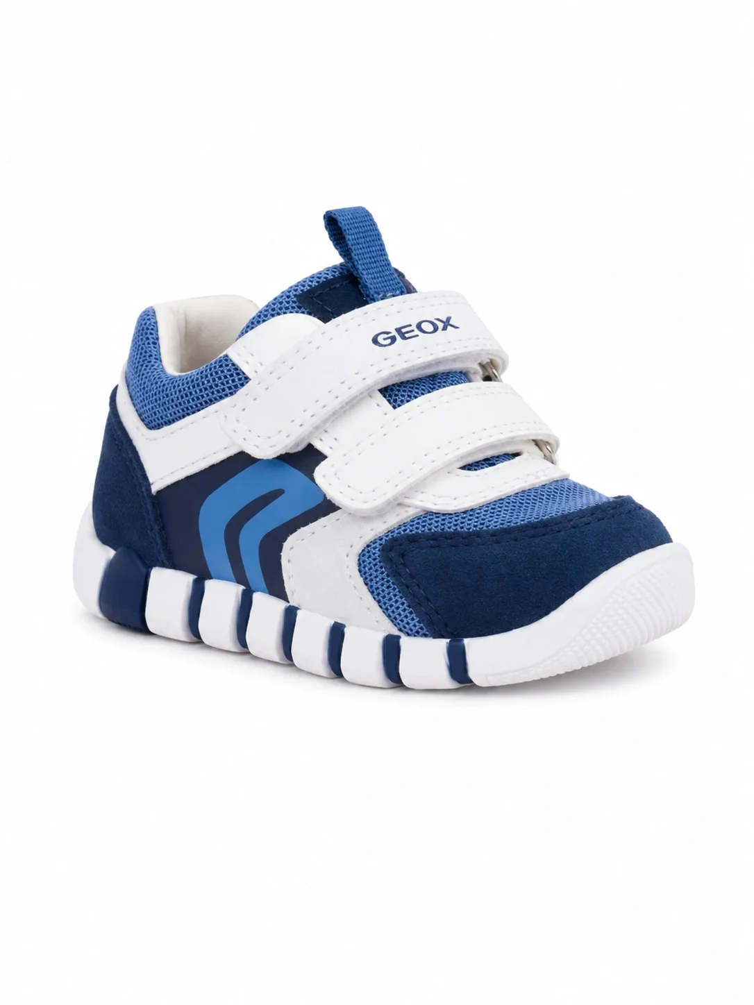 Geox B Iupidoo navy and light blue sneakers featuring a breathable mesh and suede upper