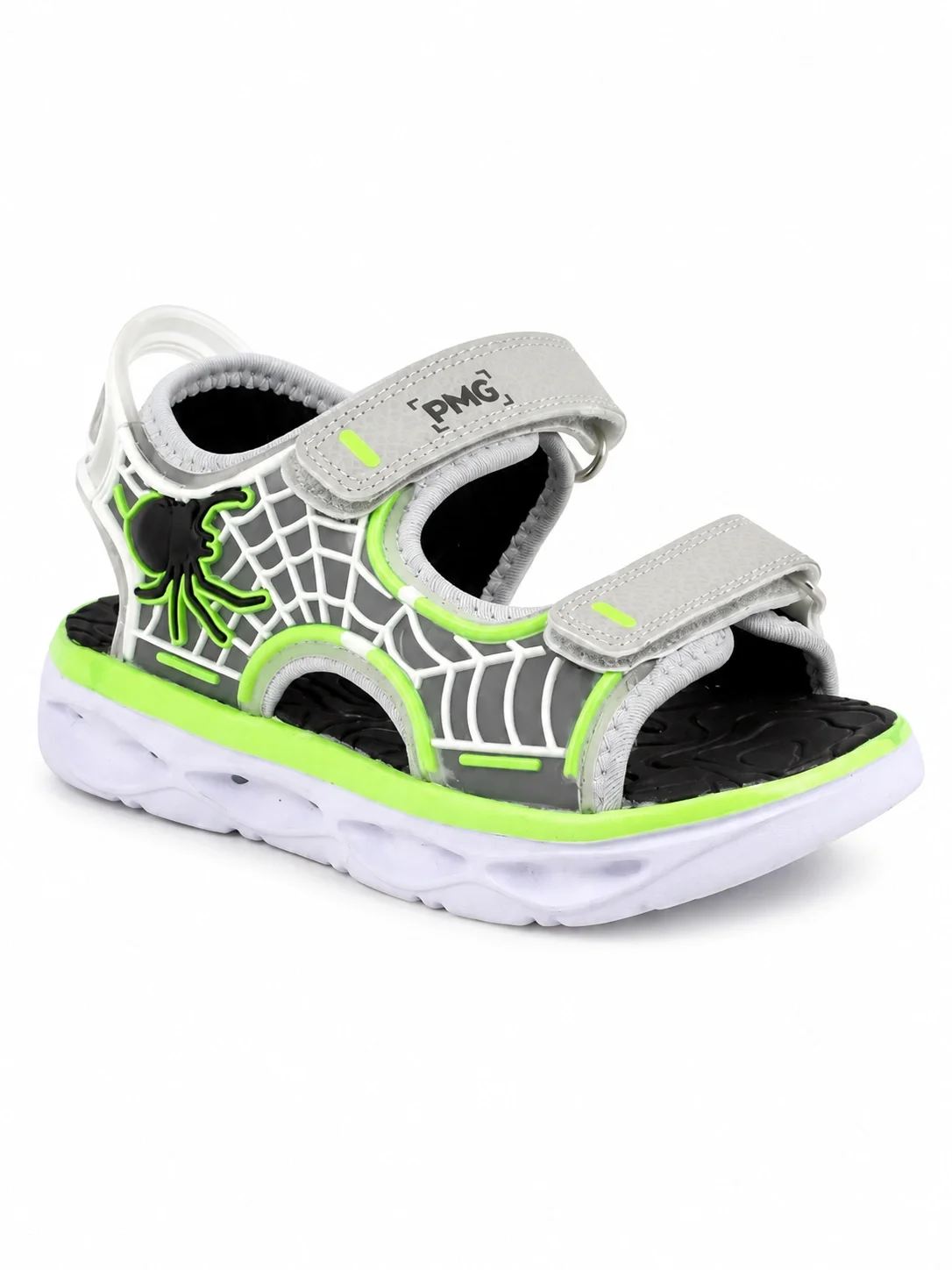 Primigi sandals feature a gray and neon green design with a spiderweb graphic and a black octopus emblem on the side