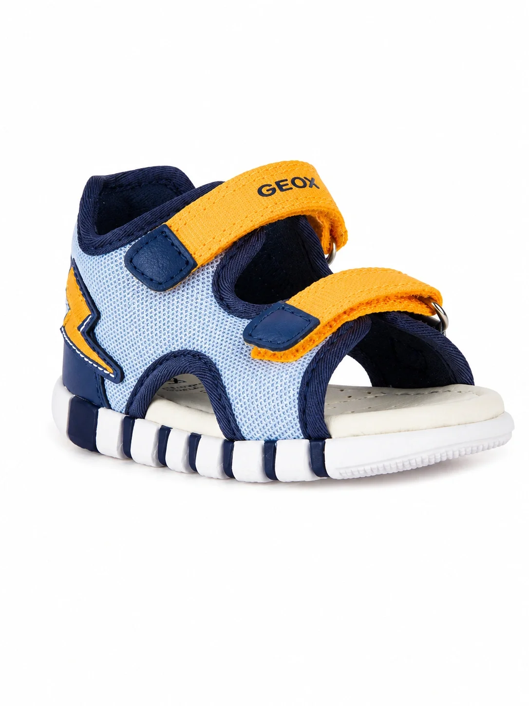Geox B Iupidoo baby sandals featuring a navy and light blue upper with bright yellow velcro straps